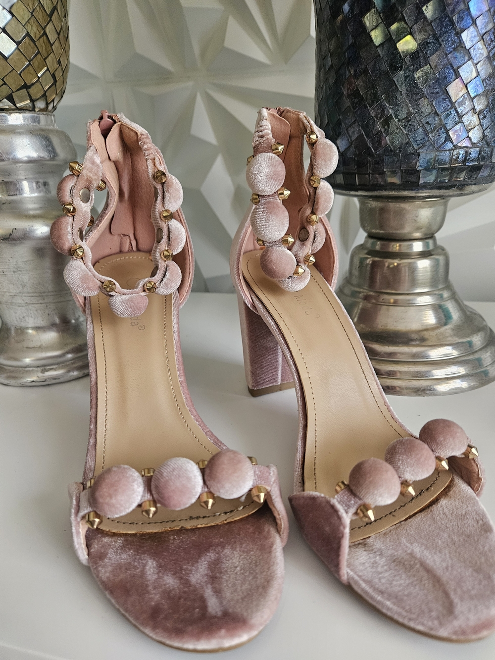 TOP Moda Blush Pink Velvet Block Heel Sandals with Beaded Straps